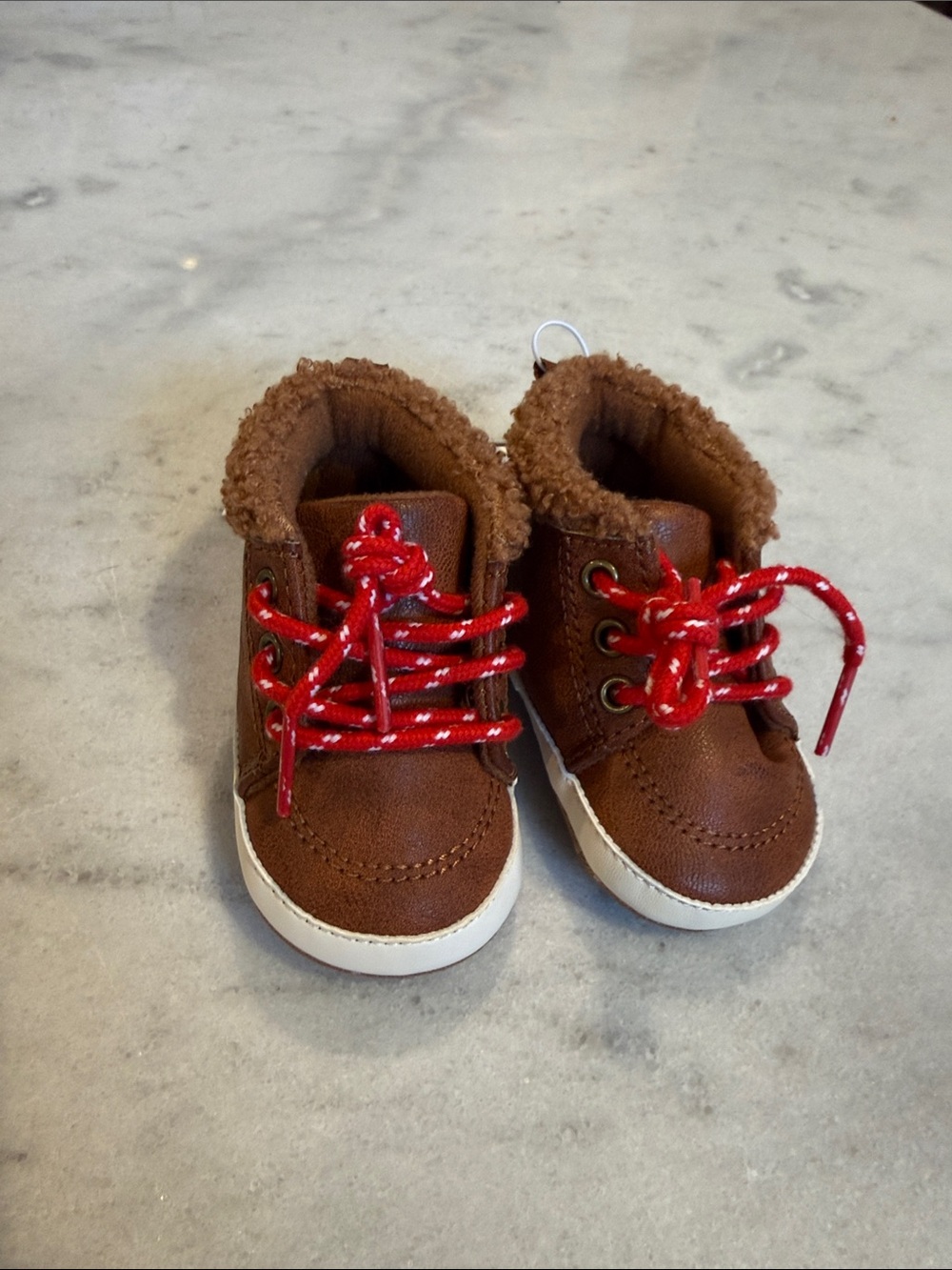 Brown Faux-Leather Baby Boots with Red Laces